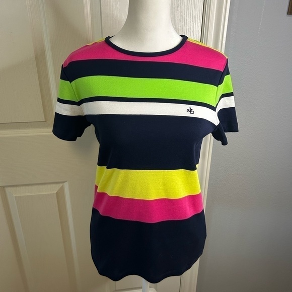 💙🩷NWT Vintage Lauren Ralph Lauren Striped Tee Size S💚💛 - Picture 1 of 9